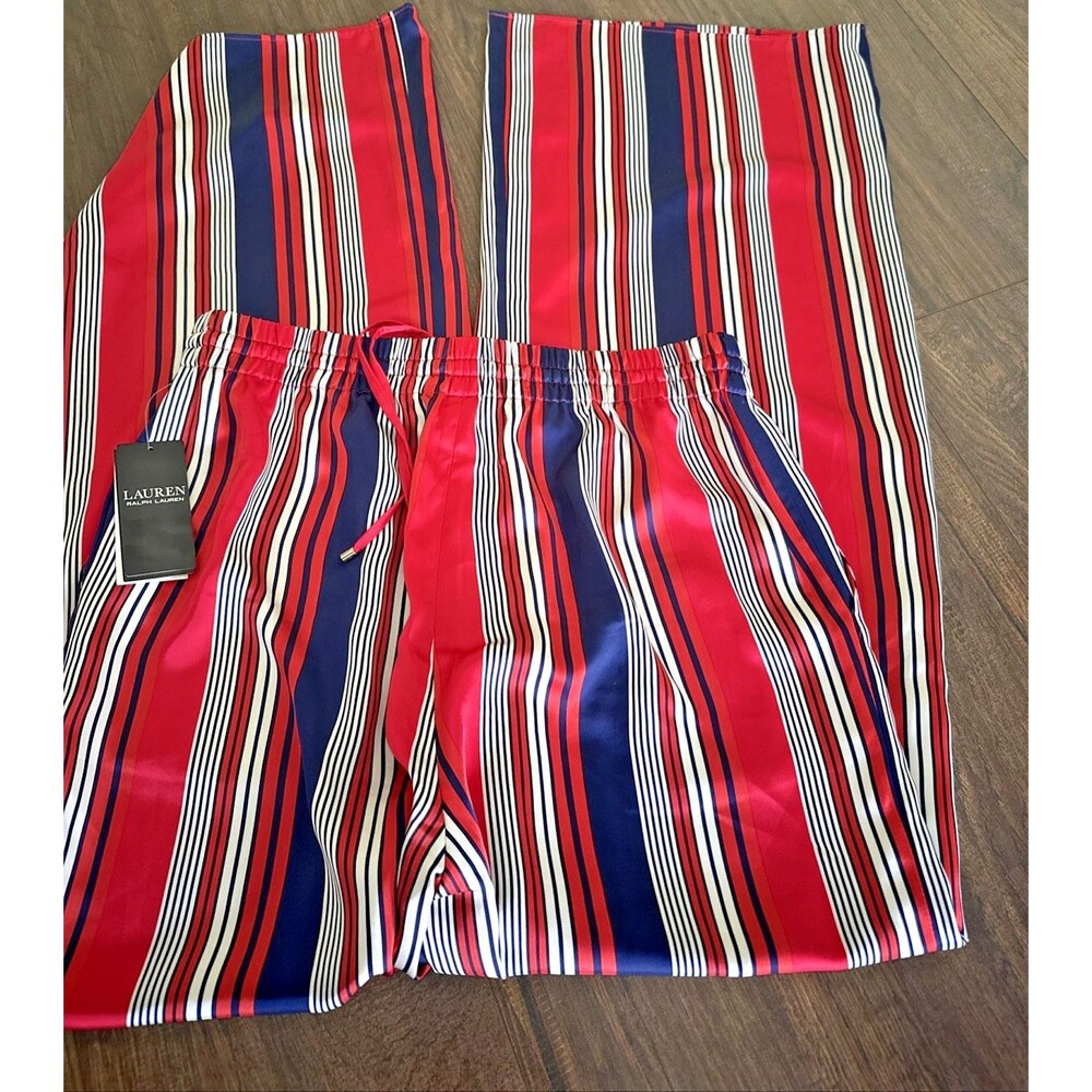 Lauren Ralph Lauren Women's Striped Satin Charmeuse Wide-Leg Pants Red Navy M - Picture 11 of 11